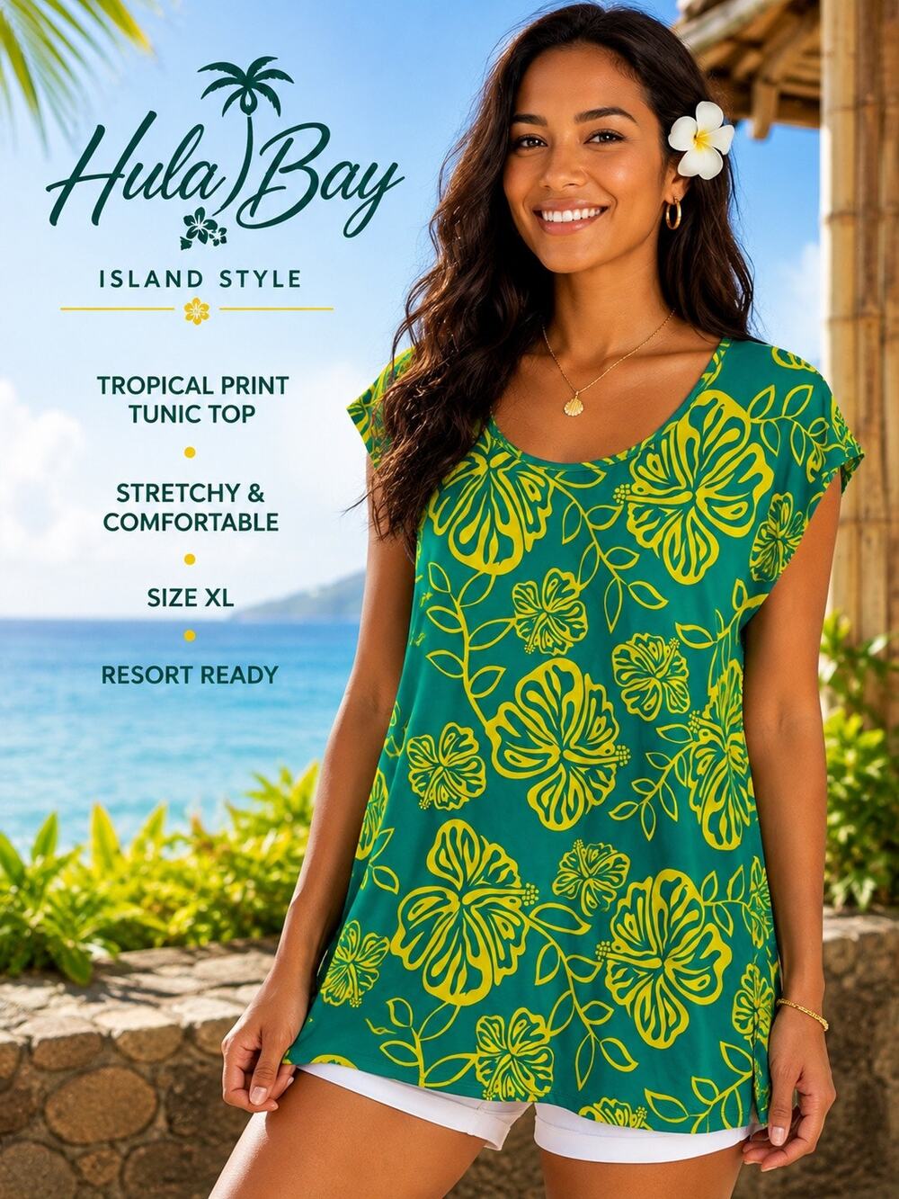Hula Bay Tropical Floral Tunic Top Women’s XL Green Yellow Stretchy Resort